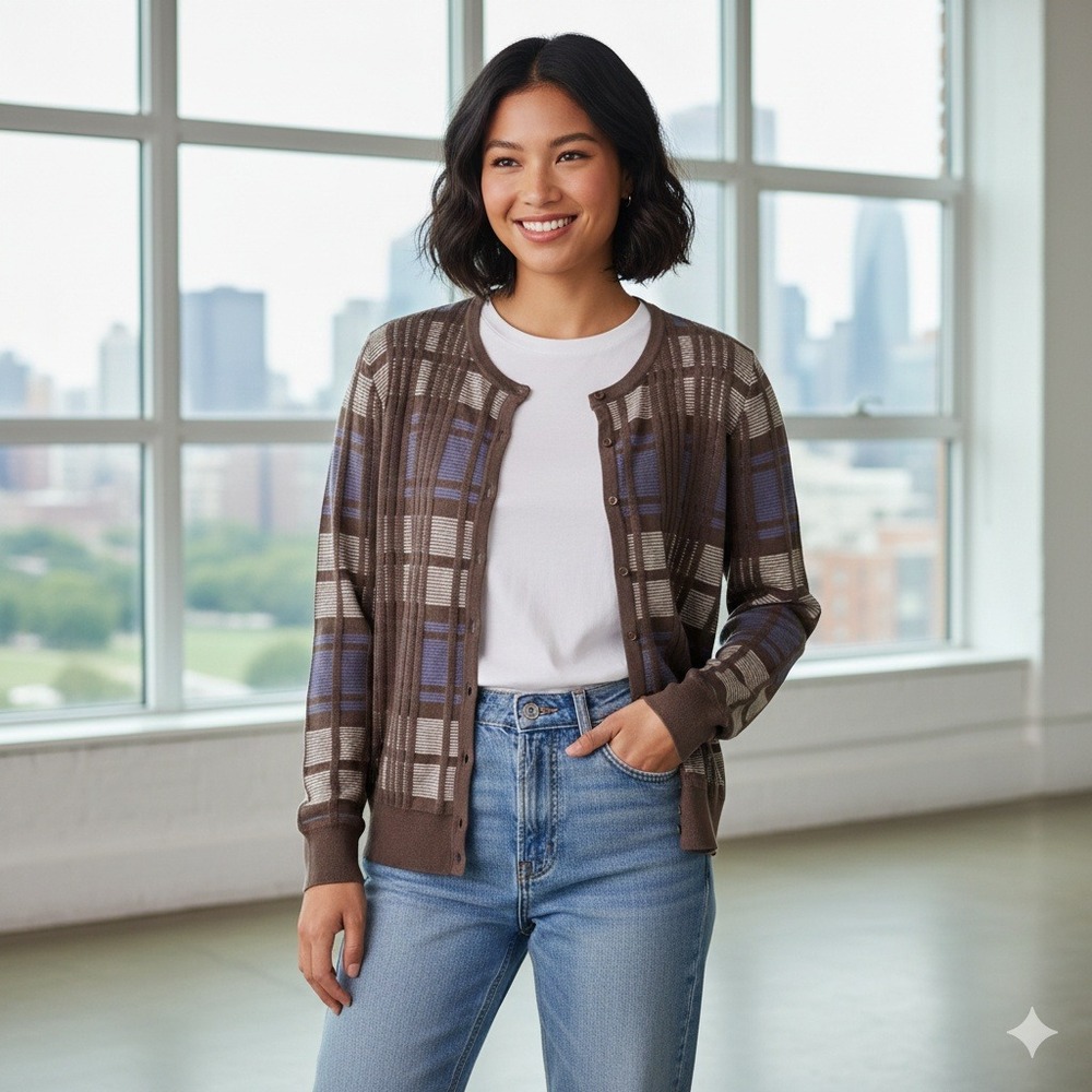 LOFT Outlet Plaid Button Front‎ Cardigan Sweater Women's Brown - Size L